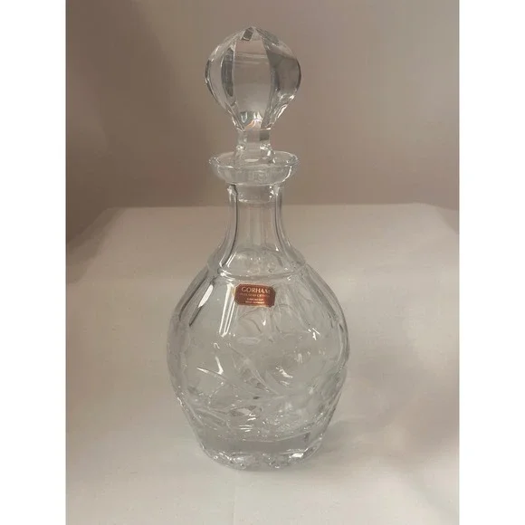 Gorham‎ Lead Crystal Whiskey Decanter Floral Diamond Cut WGermany 11 inch Clear