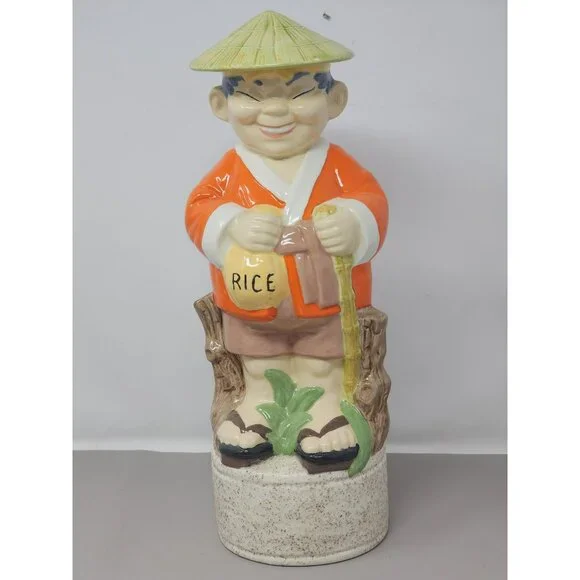 Vintage Ceramic Asian Man Rice Bag Hiking Stick Storage‎ Holder Decanter
