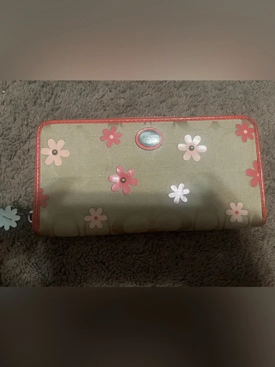 Coach Beige Canvas Zip-Around Wallet with Coral Pink Floral Accents