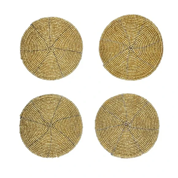 4 Piece Decorative Coaster Set Boho Glass Beads Art Gold Tone Table Decor 4