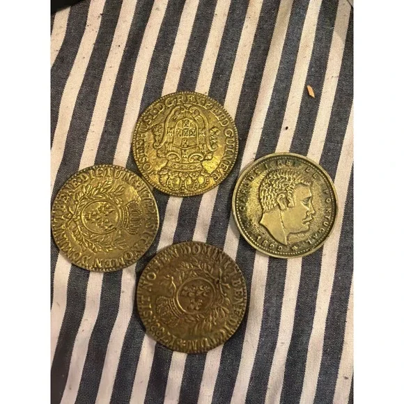 Vintage SMR Portugal Brass Coin Coasters Set of 4 Carlos I Rei de Portugal 1889