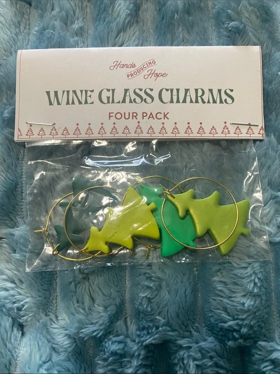 Hands Producing Hope Wine Glass Charms - Green Christmas Tree Set