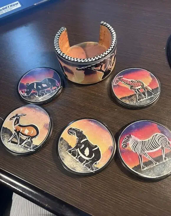 Hand-Carved Kenyan African Soapstone Coaster Set with Holder, Safari Animal Scen