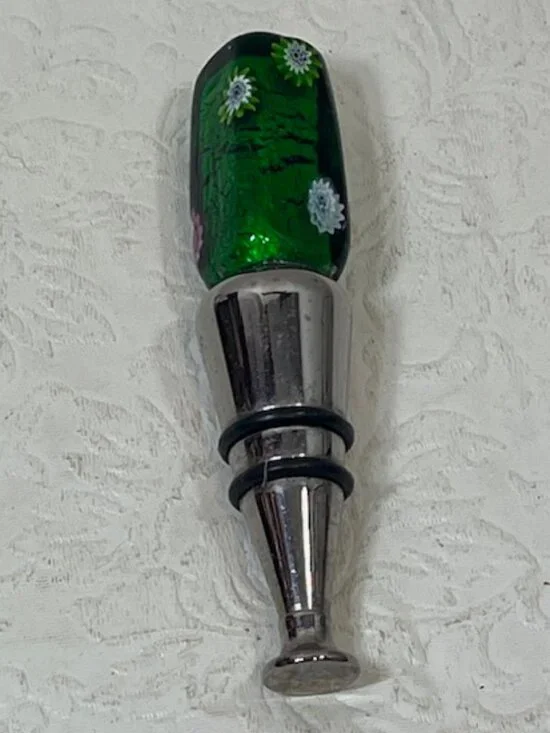 VTG Handmade Murano style Wine Bottle Stopper Green Glass Floral Metal End 4