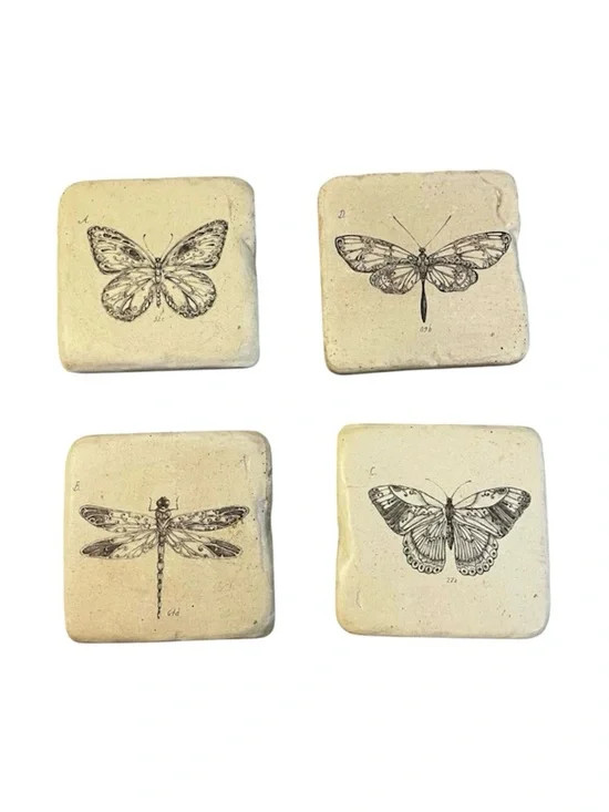 Ceramic Art Coasters Butterfly & Dragonfly Entomology Handmade Set of 4