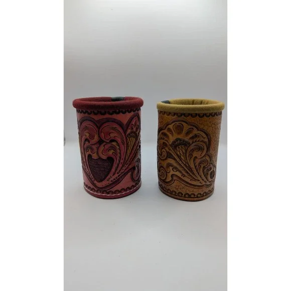 Vintage Hand Tooled Leather Can Koozies Set of 2 Western Floral Drink Cozies