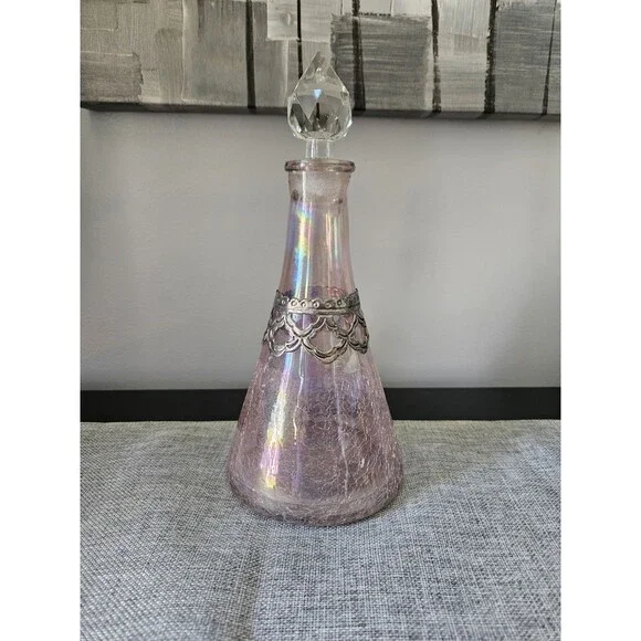 Crackled Glass Decanter With Silver Band