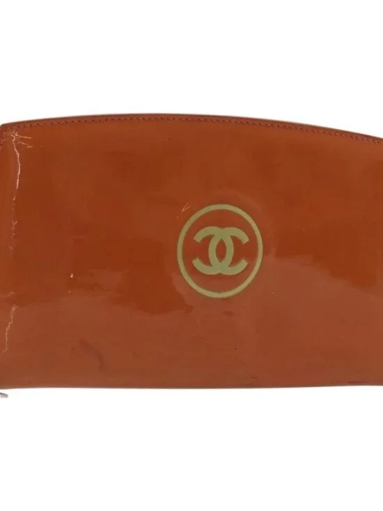 CHANEL Long Wallet Patent leather Orange Silver CC Auth bs34871
