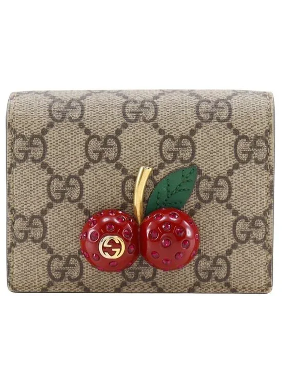 Gucci Cherry Compact Wallet GG Supreme Canvas Brown Bifold