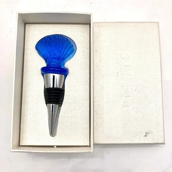 Slant Blue Hand Blown Glass Shell Bottle Wine‎ Bottle Stopper Boxed