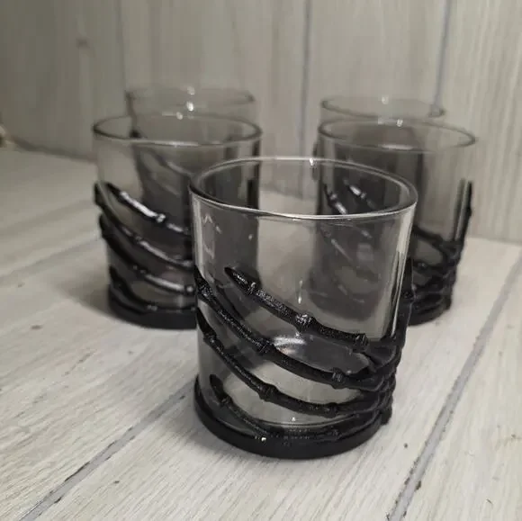 Skeleton Hand Gothic Whisky Glasses 5 Halloween Party Barware Witchy Cryptic