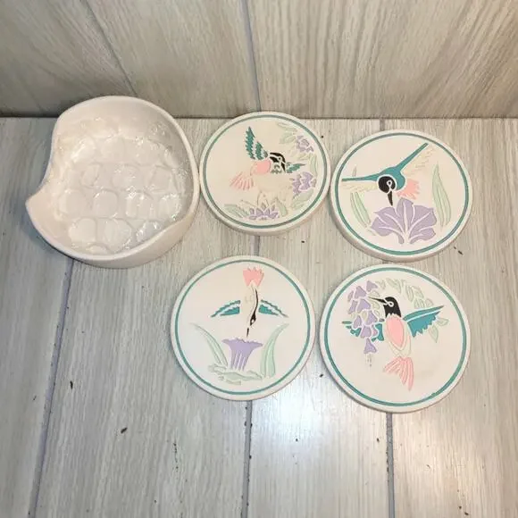Vtg Southwestern Hummingbird Ceramic Coaster Set Of 4 NWOT Coastal Boho