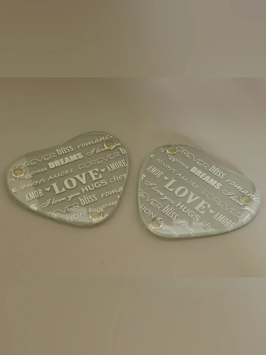 Pair Of Heart Glass Coasters Valentines Day Romance Modern Bridal Non-slip Feet