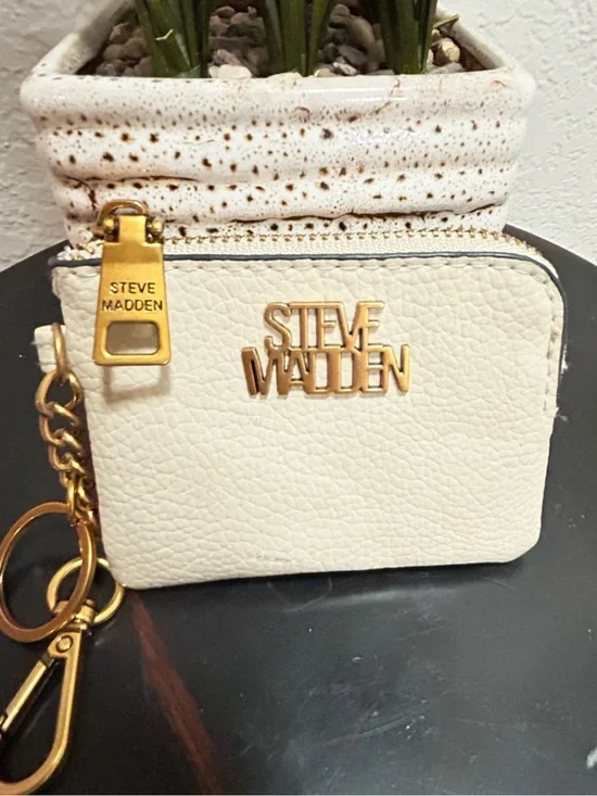 Steve Madden Cream Keyring Zip Pouch with Gold Hardware