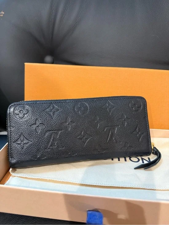Louis Vuitton Clémence Black Monogram Zip Wallet in Embossed Leather With Box