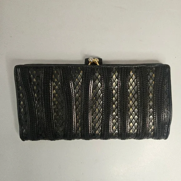 Vintage Black Metallic Snakeskin Stripe Kiss Lock‎ Bifold Wallet Gold