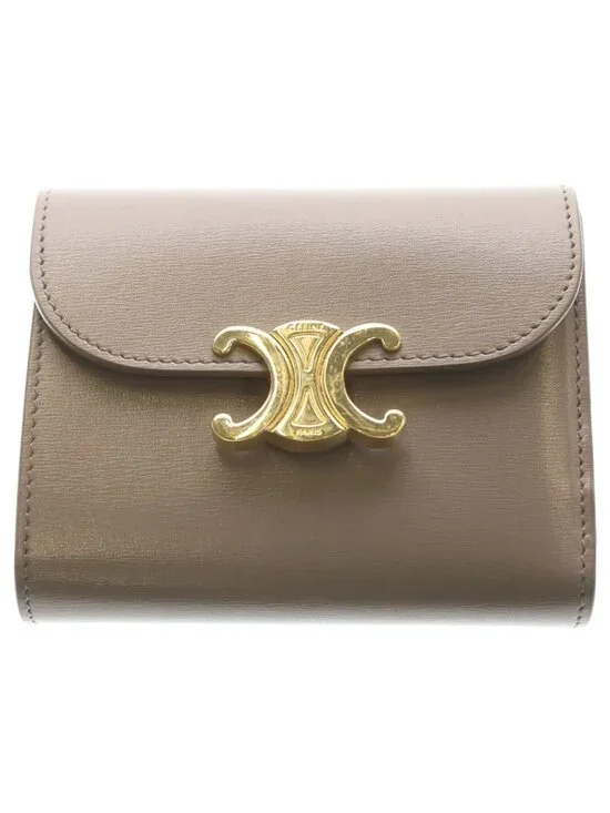 Celine Triomphe Small Flap Wallet Compact Trifold Gray Leather Gold