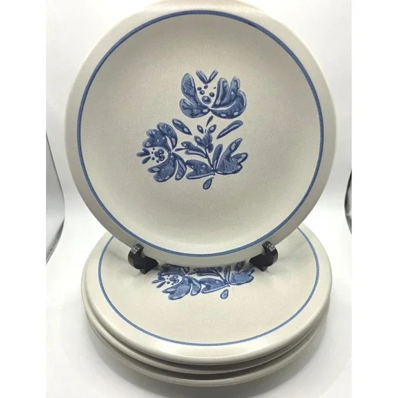 Vintage Stoneware Dinner Plates Blue Floral Hand Painted Set of 4 Farmhouse