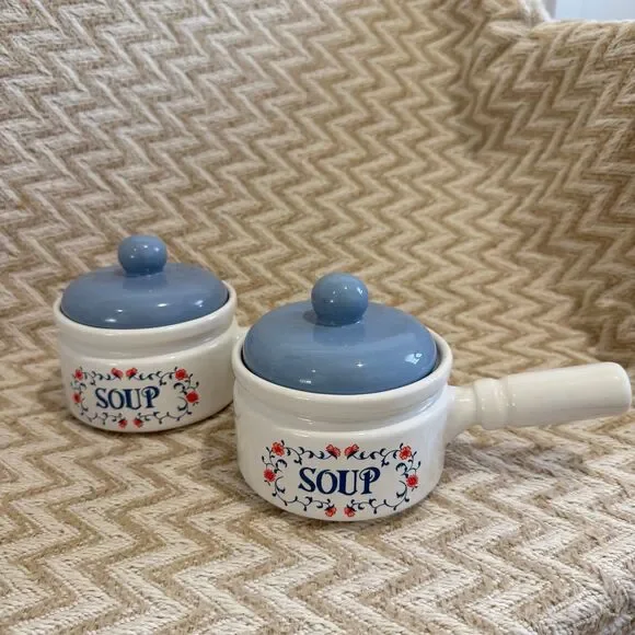 Vintage Set of 2 Ceramic Soup Crocks Bowls With Lids Floral Cottage Core