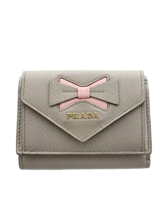 Prada Saffiano Wallet Trifold Coin Purse Leather Gray Pink