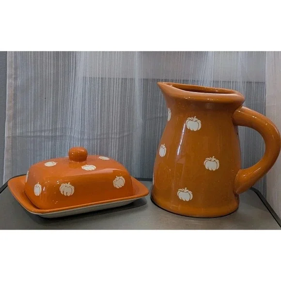 Terramoto Ceramic Orange & White Pumpkins Autumn Fall Pitcher And Butter‎ Dish