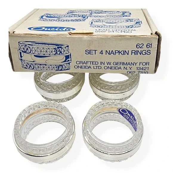 Vintage Oneida Set Of 4 Lead Crystal And Chrome Napkin Rings In‎ Original Box