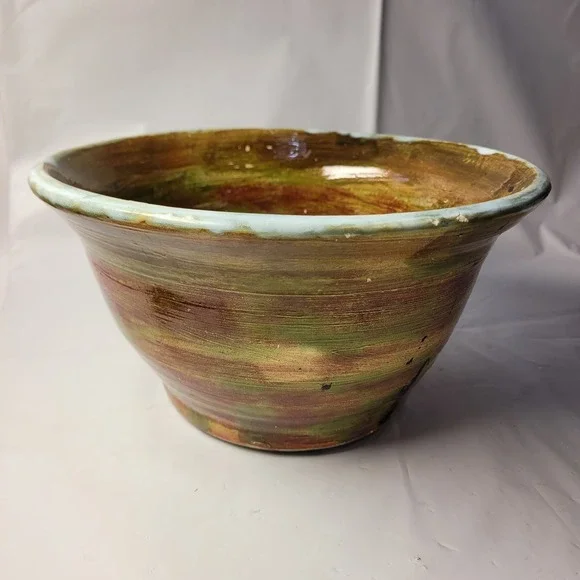 Studio‎ Pottery Bowl Signed PT Green Brown Earth Tone Glazed Ceramic Artisan