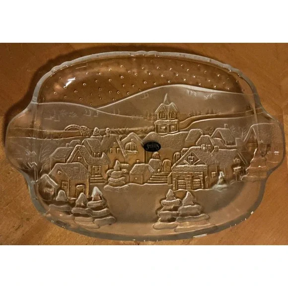 Vintage Crystal‎ Clear Studios Glass Serving Platter Winter Village Scene