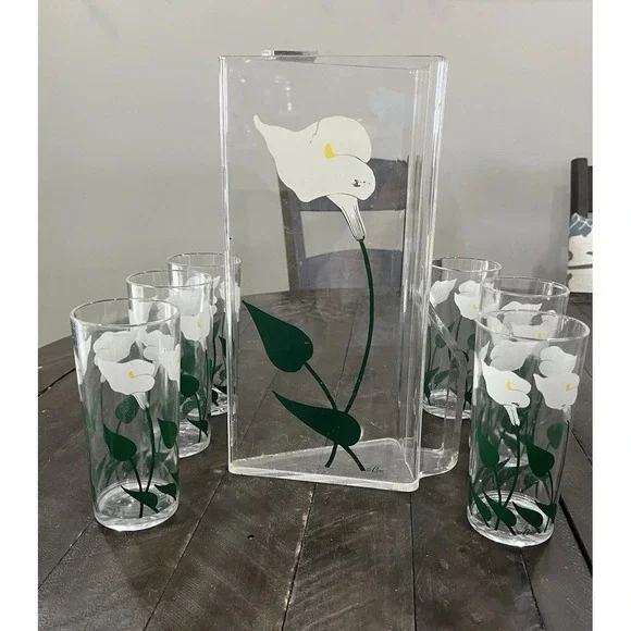 Vtg Cora‎ Acrylic Calla Lilly Pitcher 6 Cups Floral MCM