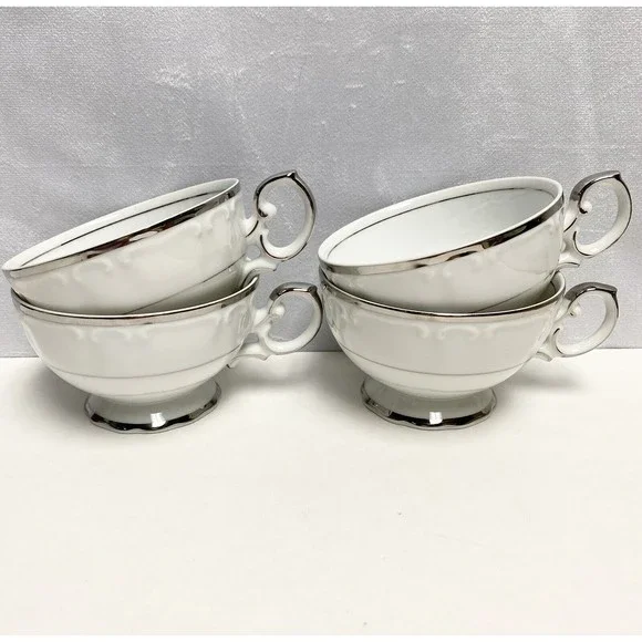 4‎ Vintage Fine China Harmony House Silver Sonata Tea Cups Mug 3639 Cups Only