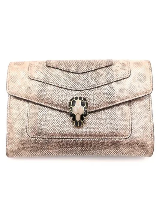 Bvlgari Serpenti Calungskin Metallic Bifold Wallet Compact Beige
