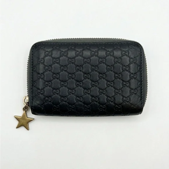 Gucci Black GG Embossed Zip-Around Coin Wallet with Star Charm