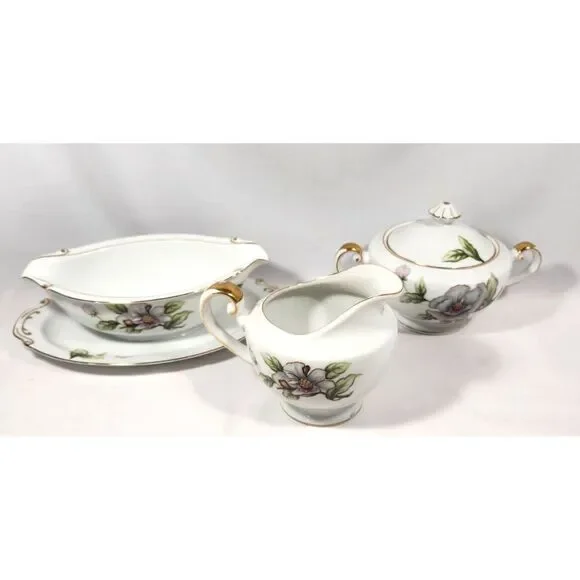 (lot of 3) 1950's Roselyn China DOGWOOD Creamer Sugar Bowl w/Lid Gravy Boat‎