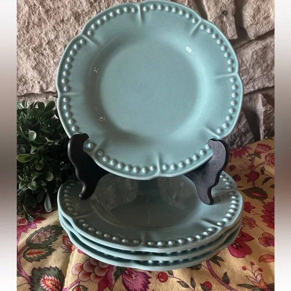 4 Matceramica Portugal Dinner Plates Blue Aqua Beaded Scalloped Edge 11