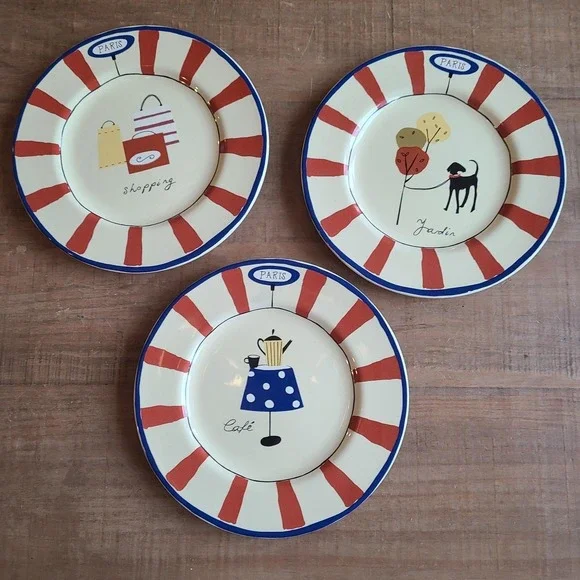 Vintage Garnet Hill‎ Portugal France Paris Cafe Animal Plates Set Of 3  9 1/4