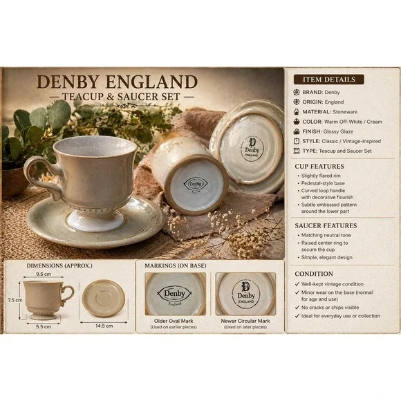 Denby England Stoneware Cup and Saucer‎ Set Oatmeal Beige Vintage Footed Tea Cup