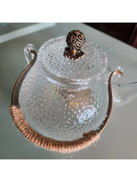 900ml Japanese Hammered Glass Teapot Tin Copper Plum Blossom Decoration