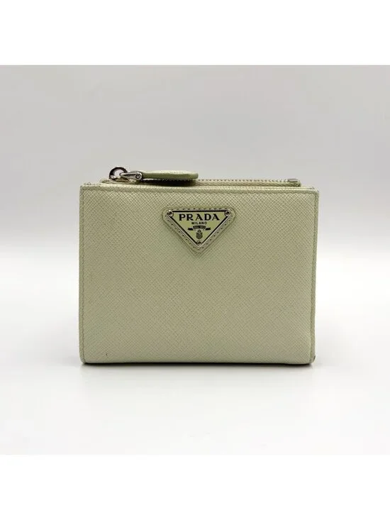 Prada Saffiano Wallet Leather Light Green Triang Silver