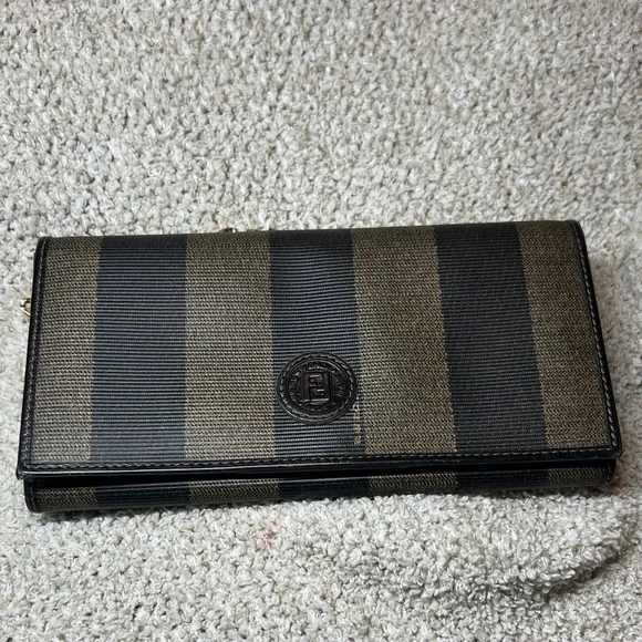 FENDI Black and Brown Striped Continental Wallet with Gold Tone Chain