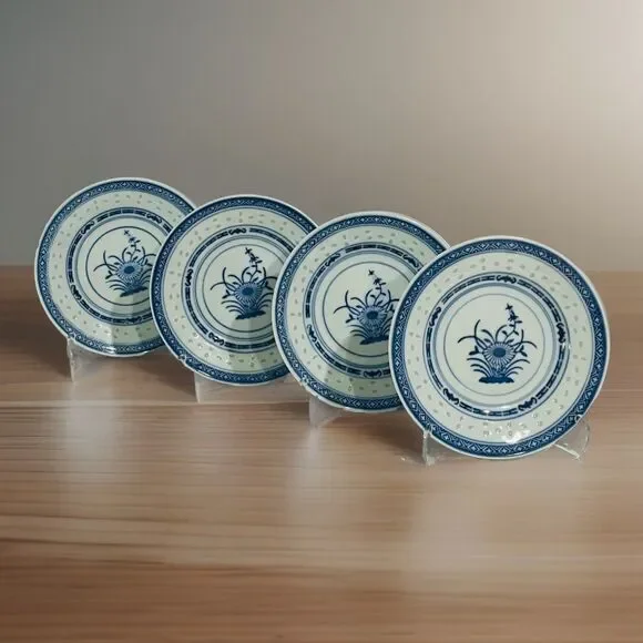 Jingdezhen Rice Eye Grain 6 Inch Desert Plates White & Blue Porcelain  Set of 4