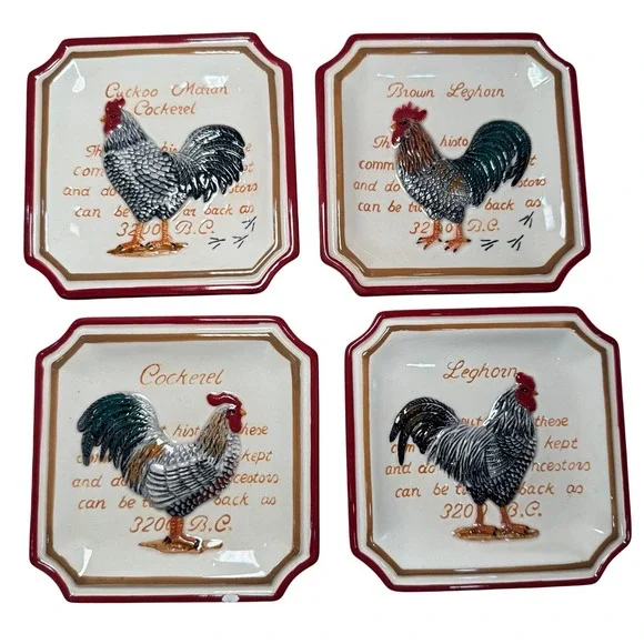 MWW Market Rooster Mini Plates Set 4 Leghorn‎ Cockerel Cuckoo Maran 3D Ceramic