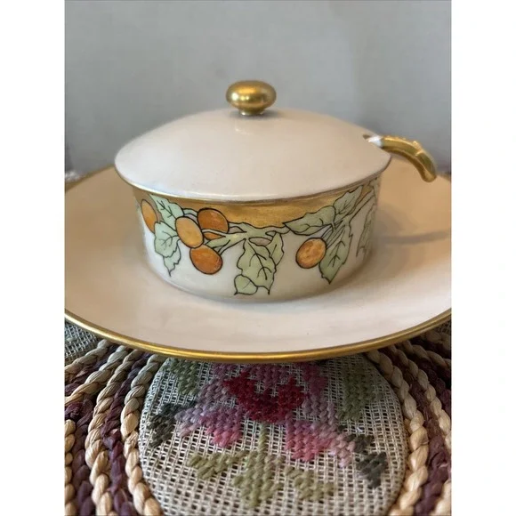 Antique Porcelain Covered Cream Soup Bowl Fruit Attached Under Plate Ladle‎ Gilt