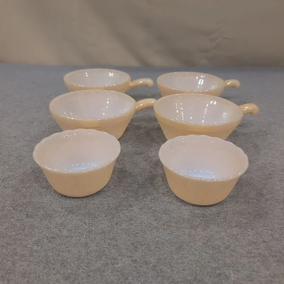 Fire King Peach‎ Luster Milk Glass Handled Chili Bowls and Custard Cups Set of 6