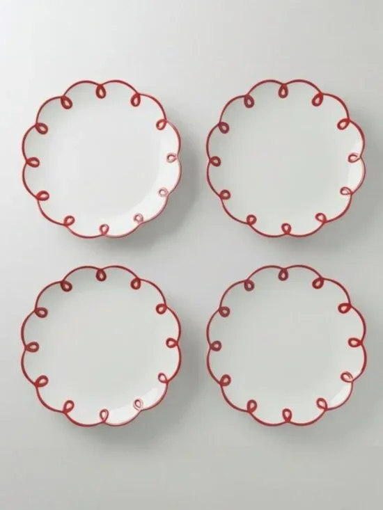 Anthropologie Red Scalloped Dessert Plates Set of 4 | Ceramic Loop Edge | NWOT