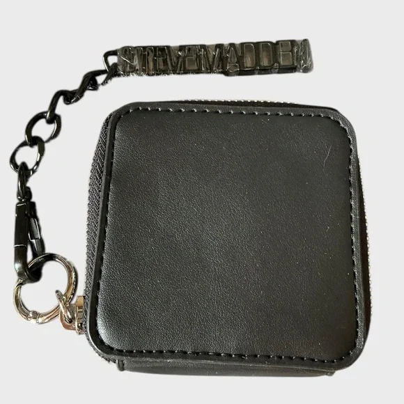 Steve Madden Black Zip Coin Pouch Keychain Wallet Faux Leather NWOT