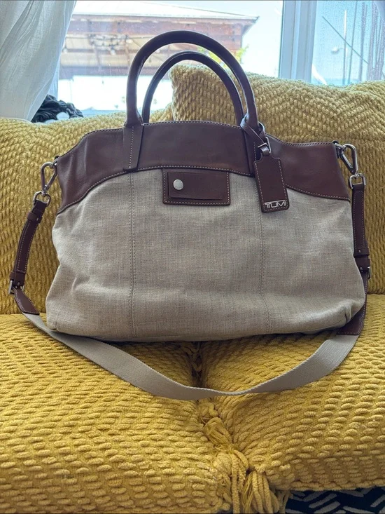 Tumi Beige Canvas and Brown Leather Duffel