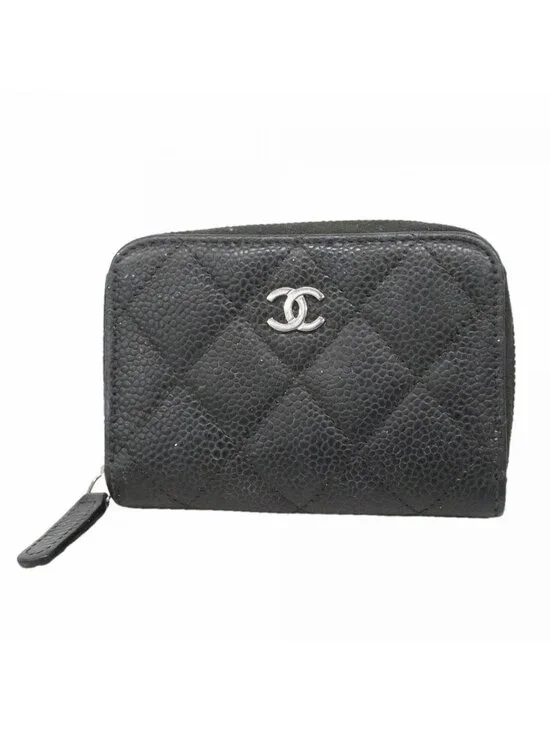 Chanel Coin Case Quilted Caviar Leather Black Silver