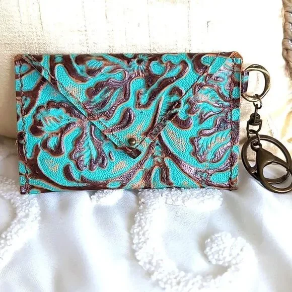 Turquoise and Brown Leather Tooled Artisan Keychain/C Card Money /Mini Wallet