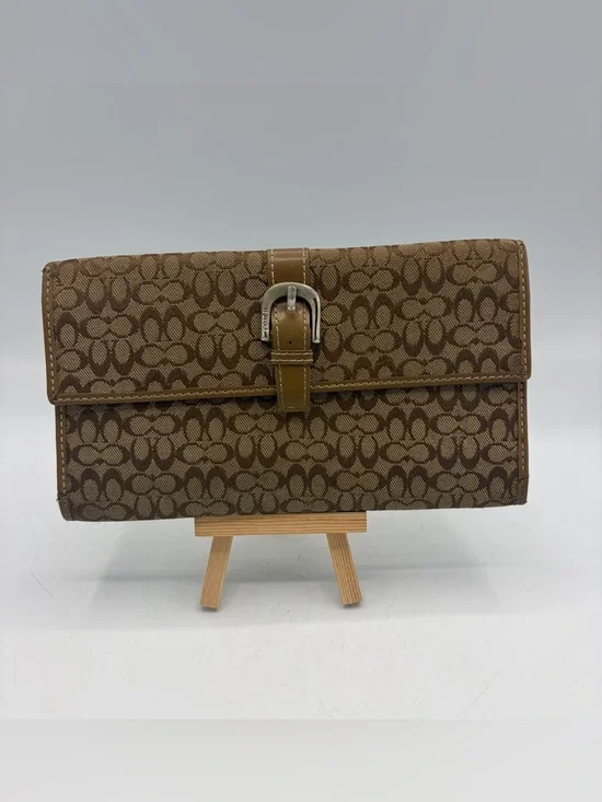 Coach Brown Signature Pattern Clutch Wallet with Buckle