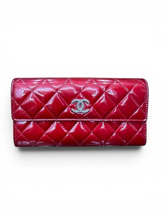 Chanel Classic Red Patent Quilted Long Flap Wallet Silver CC 13 Series
